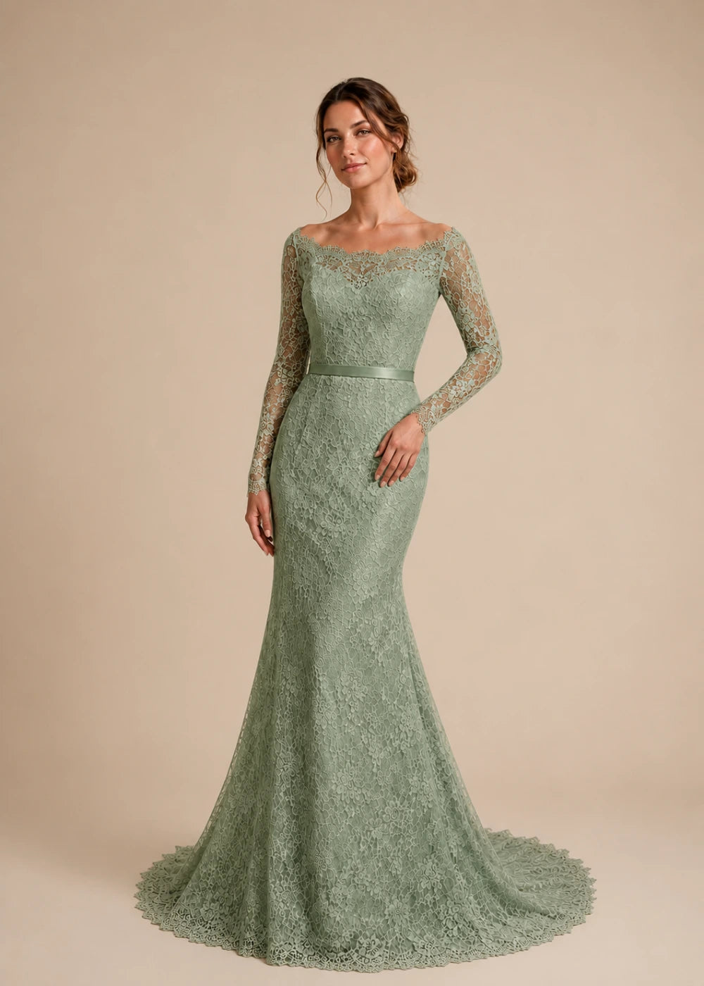 Front view of the sage green illusion-neck mermaid gown with long floral-lace sleeves and a flared train