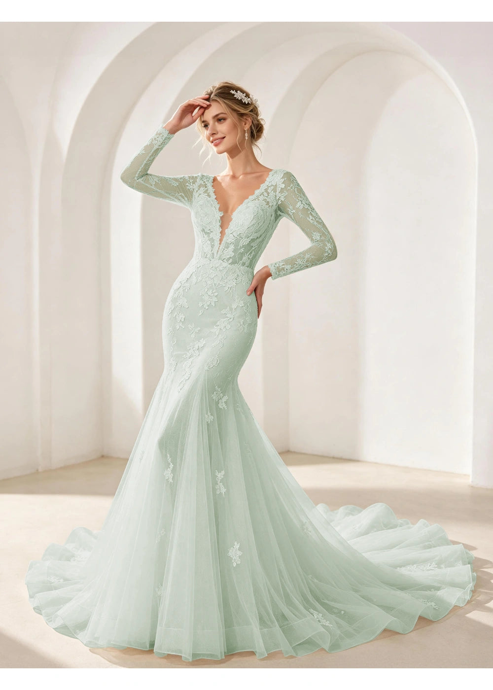 Front view of the sage green mermaid lace train gown with the same bridal silhouette