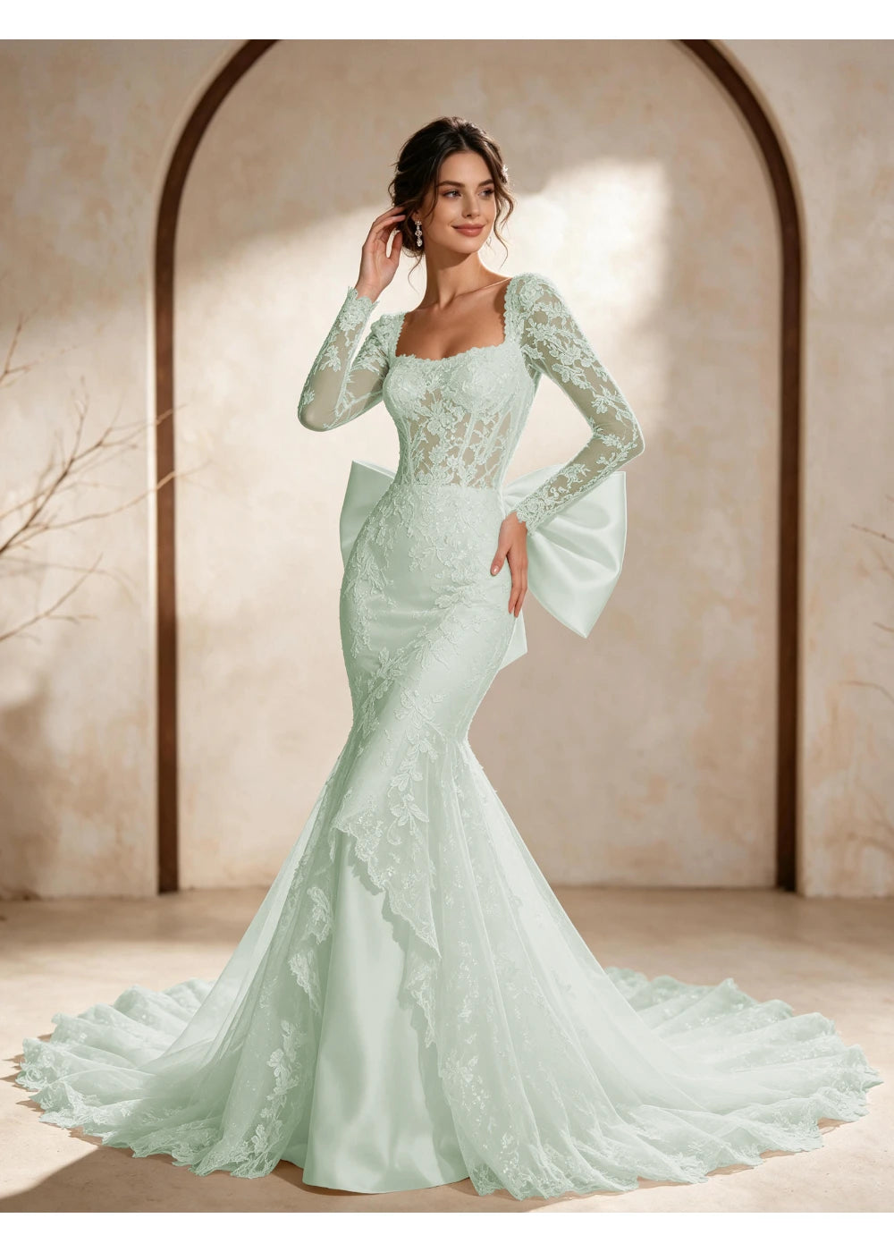 Front view of the sage green square neck back bow gown with the same bridal silhouette