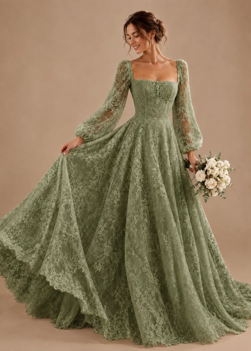 Front view of the sage green square-neck A-line gown with all-over floral lace and long bishop sleeves