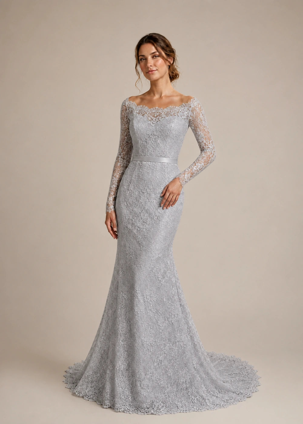 Front view of the silver gray illusion-neck mermaid gown with long floral-lace sleeves and a flared train