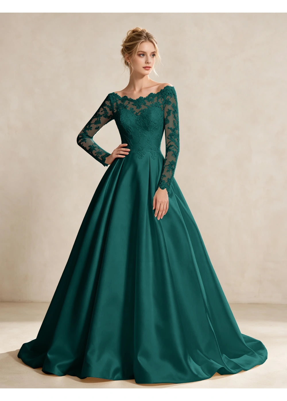 Front view of the teal illusion lace satin gown with the same bridal silhouette