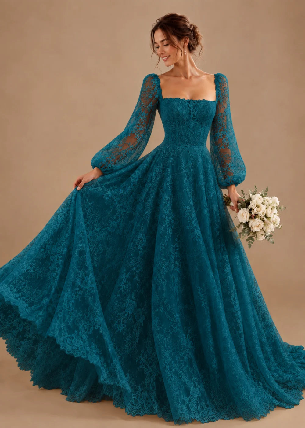 Front view of the teal square-neck A-line gown with all-over floral lace and long bishop sleeves