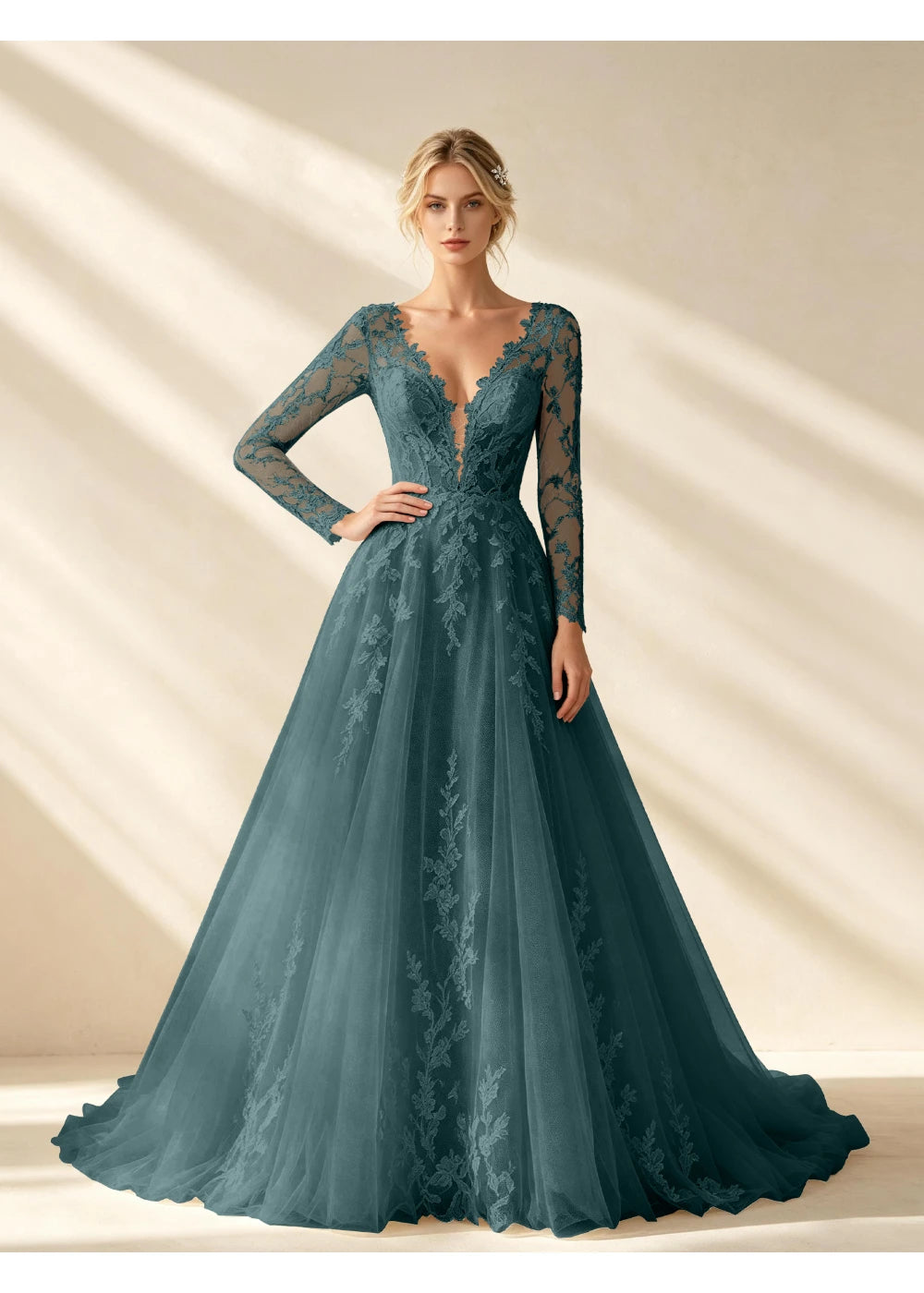Front view of the teal v neck lace a line gown with the same bridal silhouette