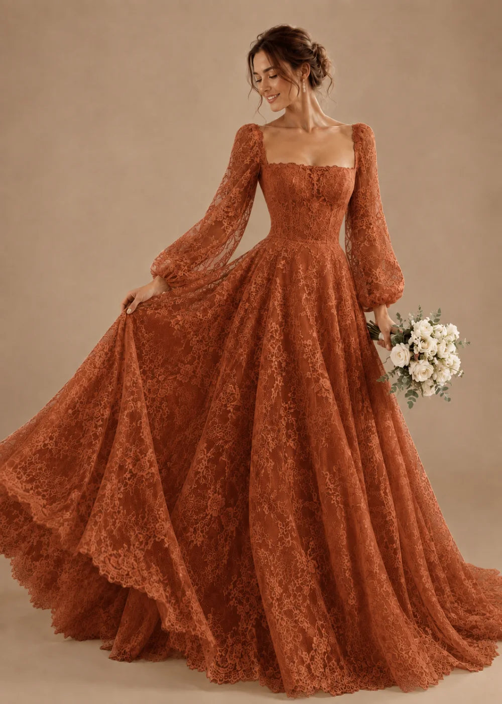 Front view of the terracotta square-neck A-line gown with all-over floral lace and long bishop sleeves