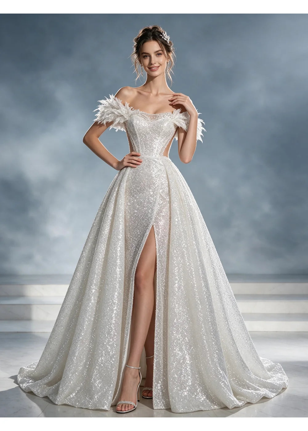 Three-quarter front view of the feather-like neckline trim and fitted white bodice