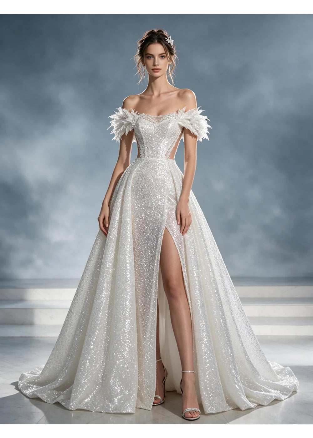 Front view of a white sequin A-line gown with feather-like shoulder trim and a front slit
