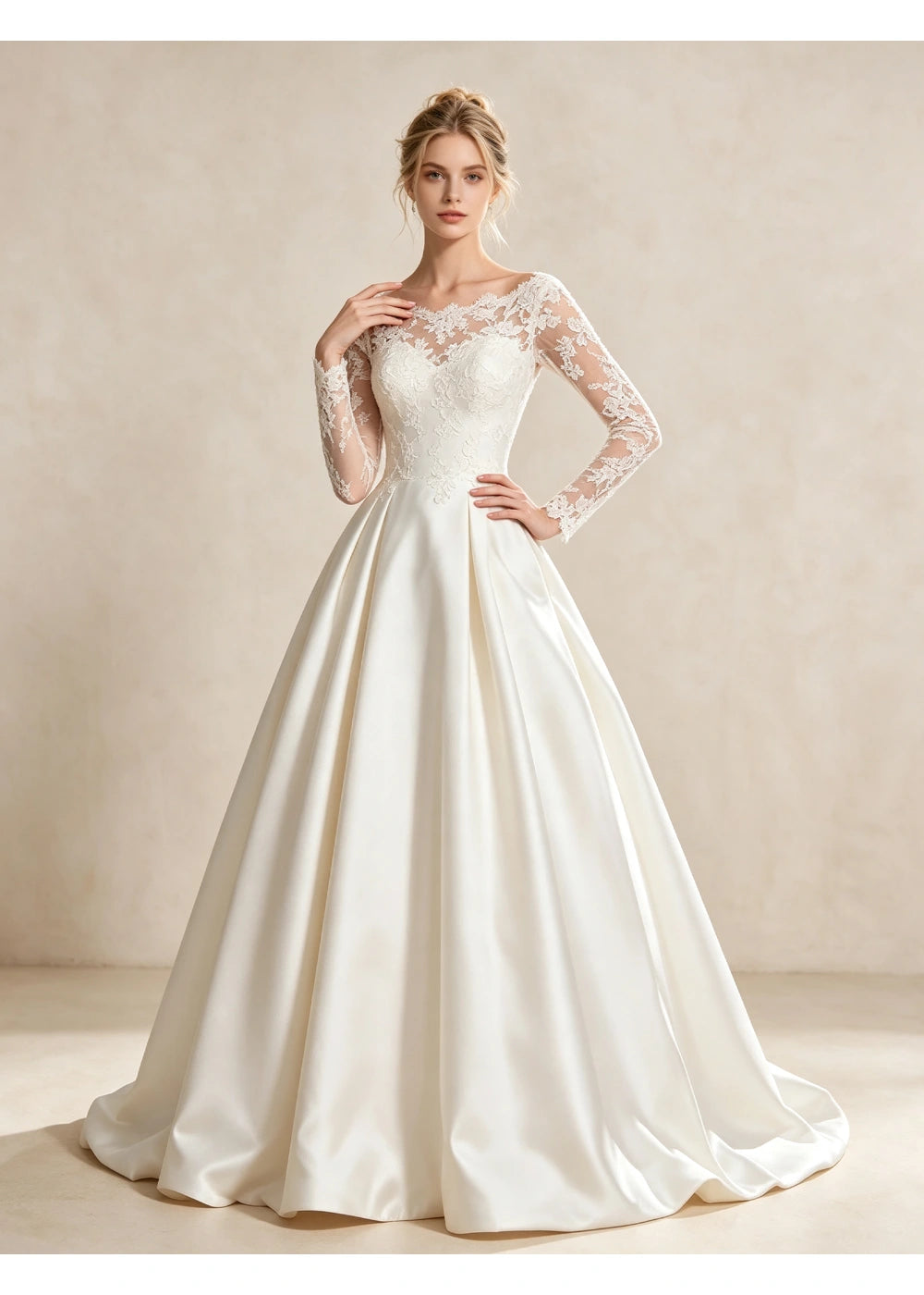 Three-quarter view of the white sweetheart-shaped lining beneath the sheer lace neckline