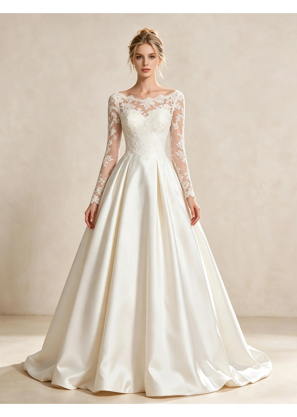 Front view of the white long-sleeve gown with a defined waist and plain satin skirt