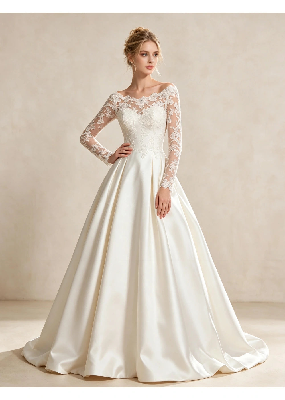 Front view of a white A-line gown with an illusion floral lace neckline, long lace sleeves and satin skirt