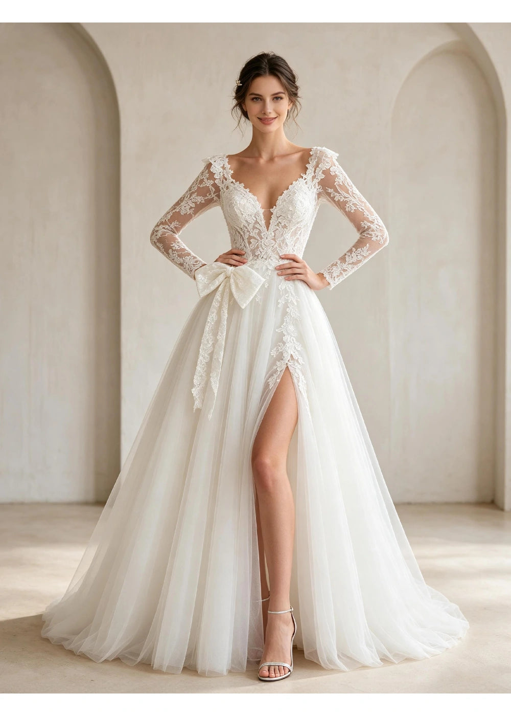 Full-length front view of the white waist bow and slit between lace-trimmed skirt panels