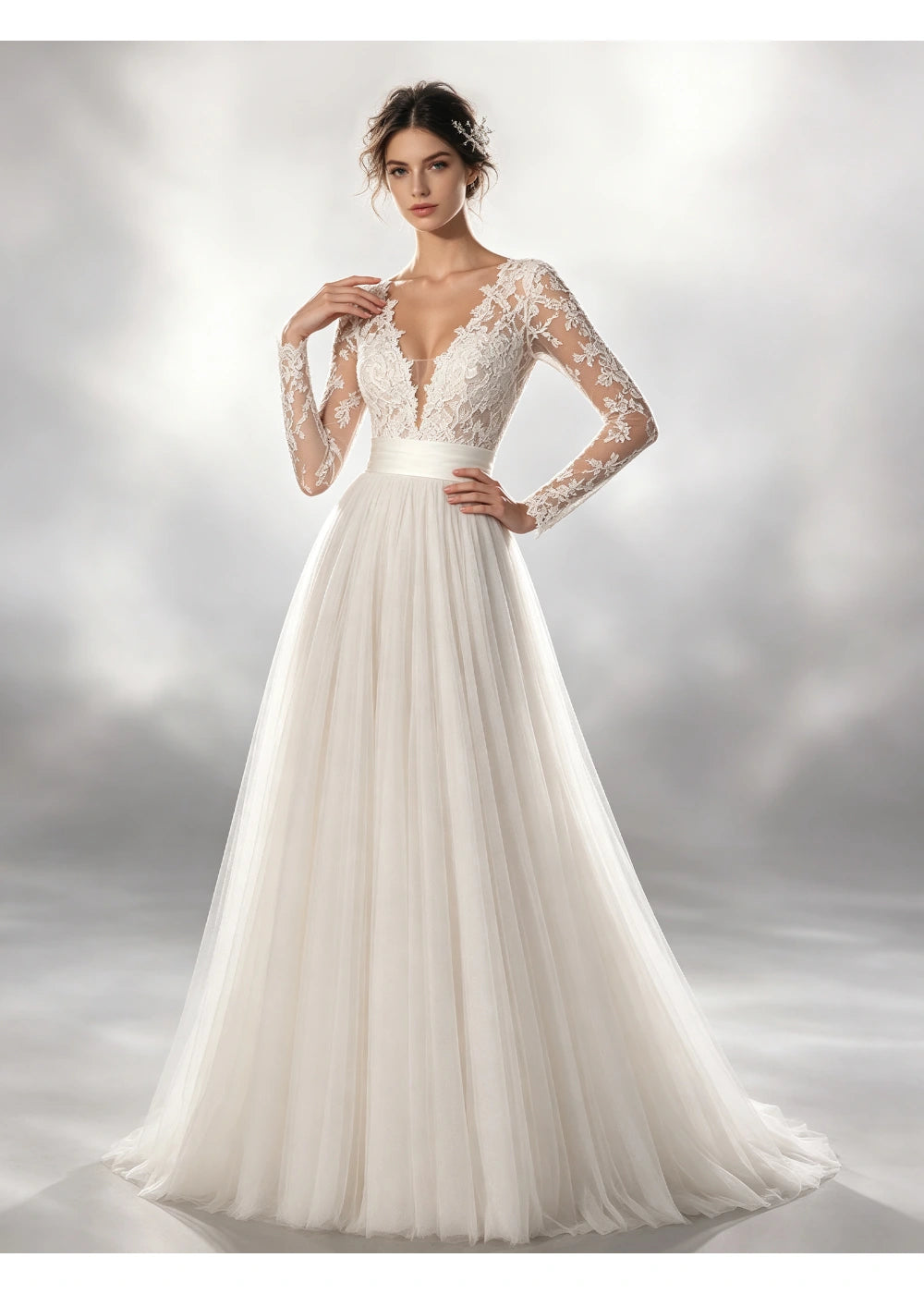 Three-quarter front view of the plunging white neckline and long sheer lace sleeves