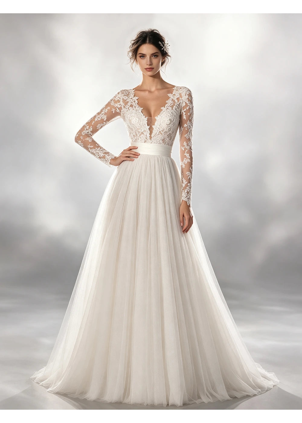 Front view of the white A-line gown with its wide waist section and full skirt