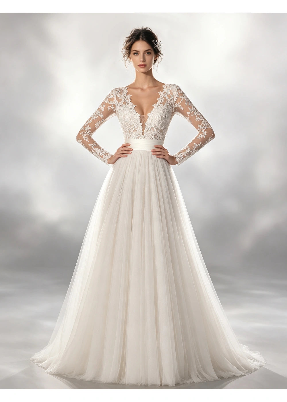 Full-length front view of the white lace bodice and fine vertical skirt folds