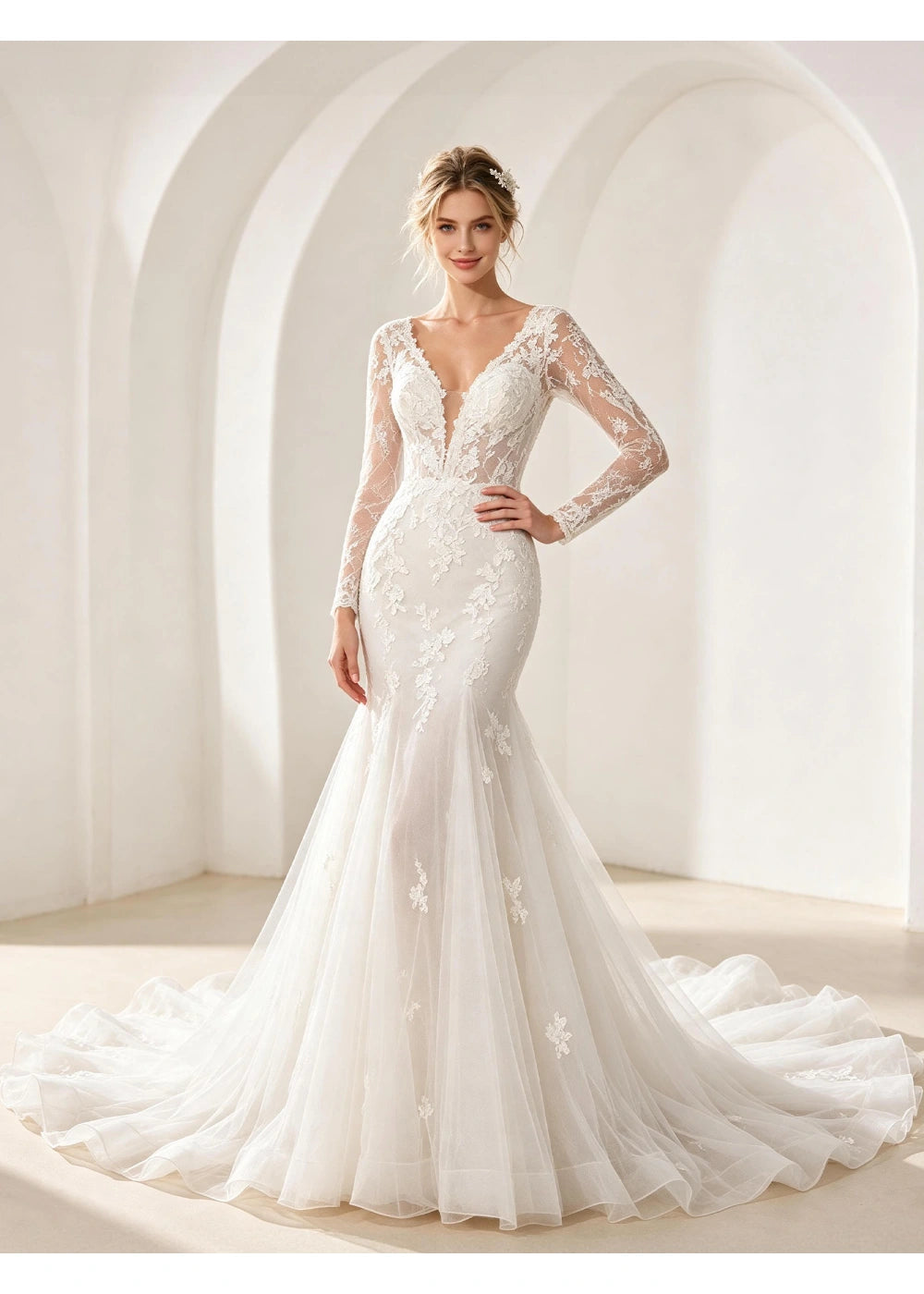 Three-quarter front view of the white floral lace bodice and long sleeves