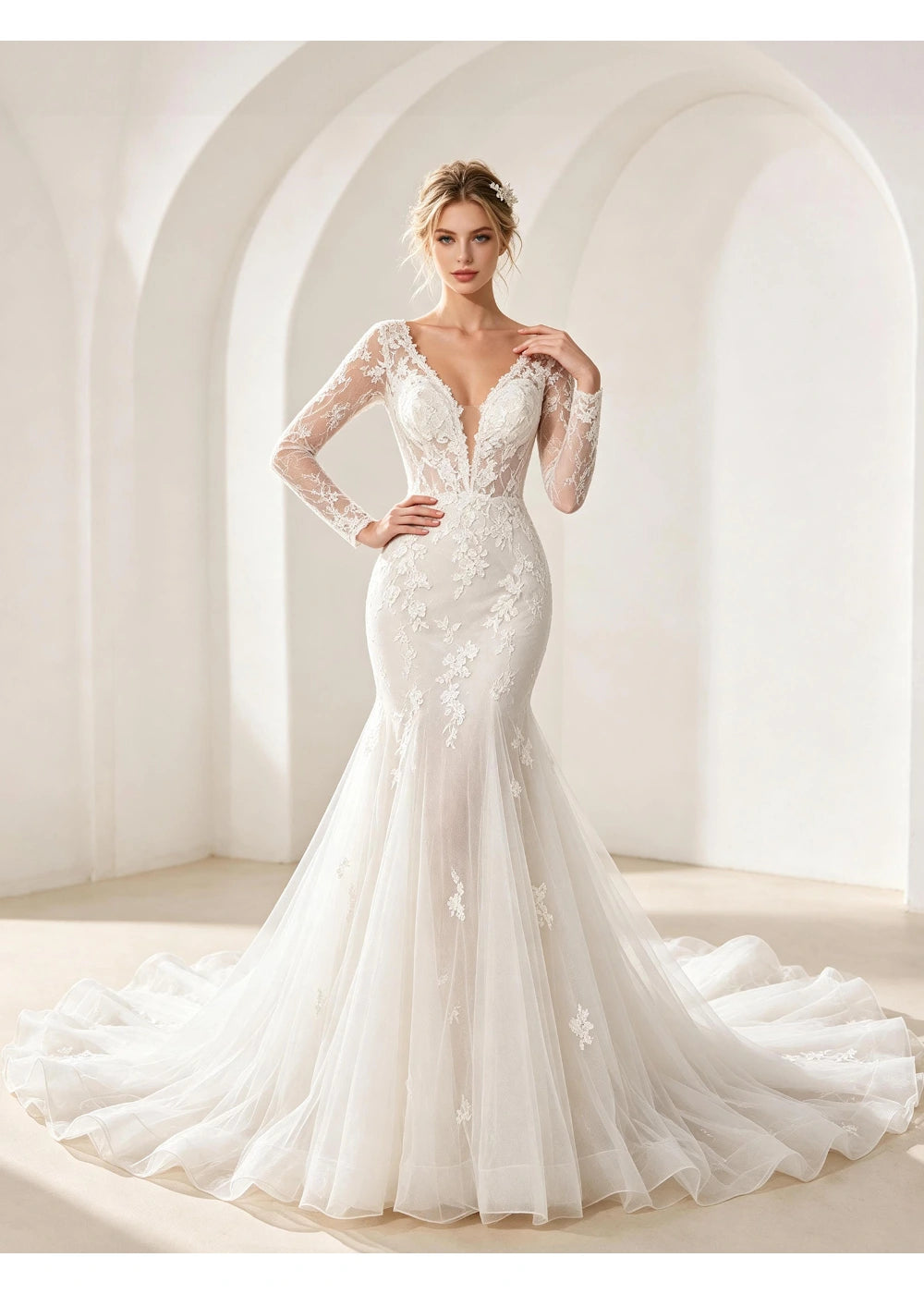 Front view of the white mermaid bridal gown with its trailing lace skirt