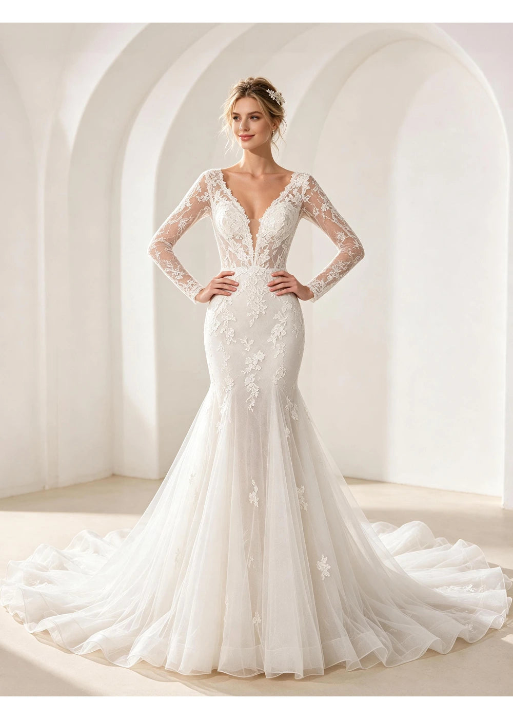 Full-length front view of the fitted white lace hips and flared mermaid hem