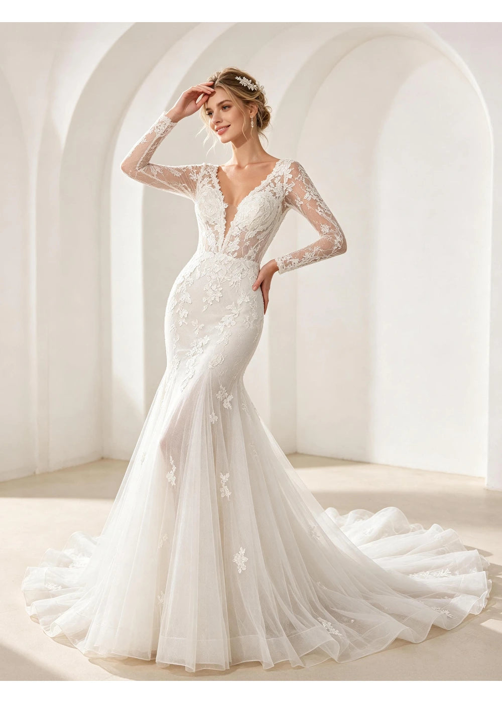 Front view of a white lace mermaid gown with a deep V-neck, long sleeves and extended train