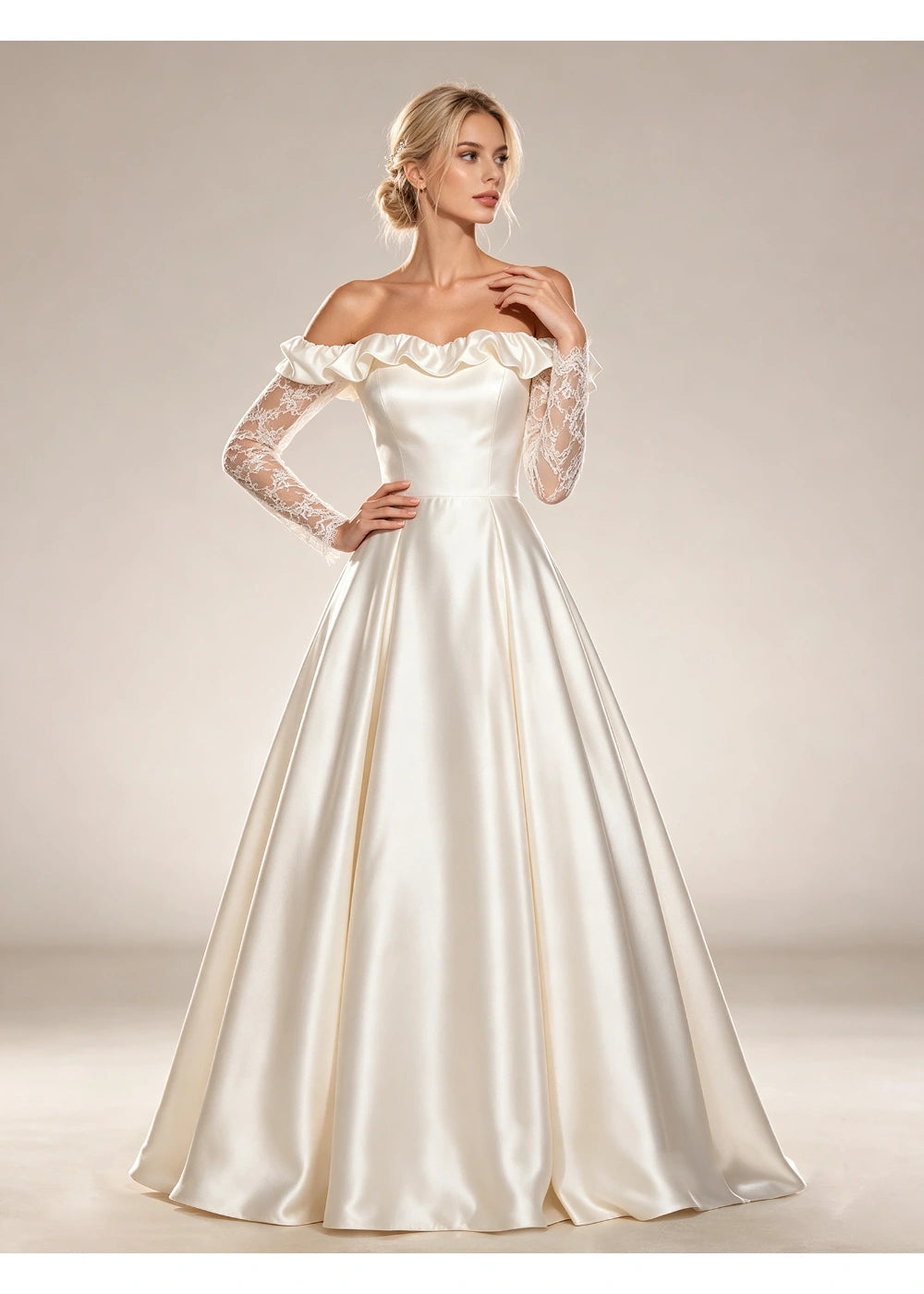 Three-quarter view of the ruffled white neckline and long floral lace sleeves
