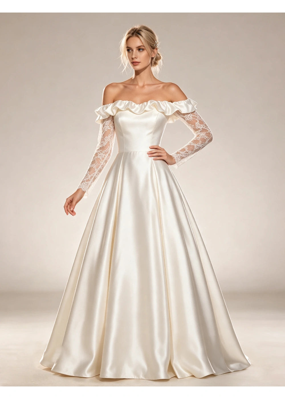 Full-length front view of the white gown with floral lace sleeves and wide satin skirt folds