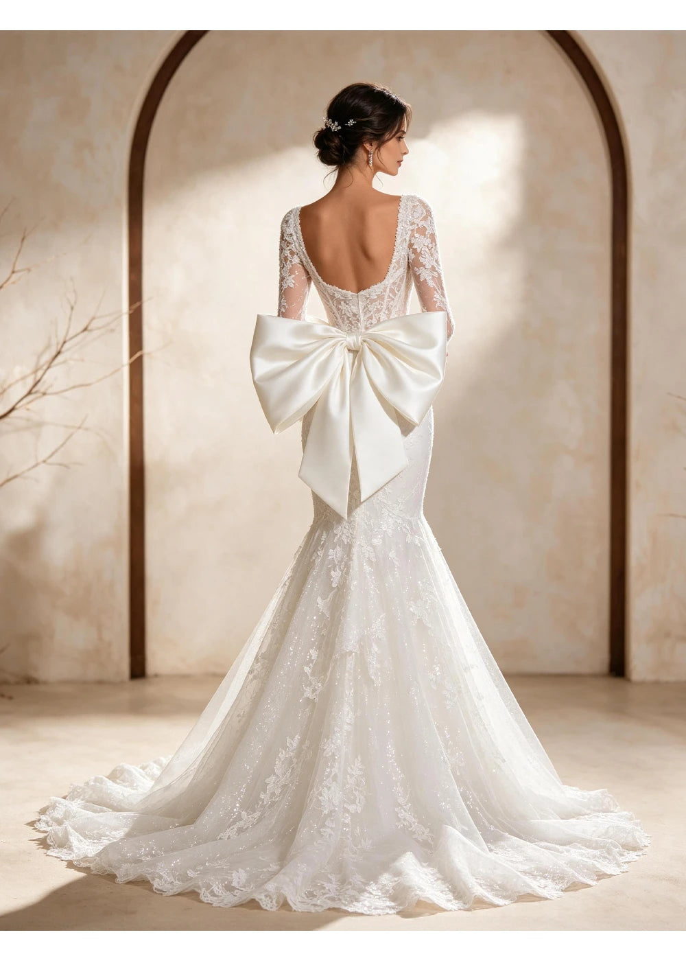 Back view of the white gown showing an oversized lower-back bow above the lace train