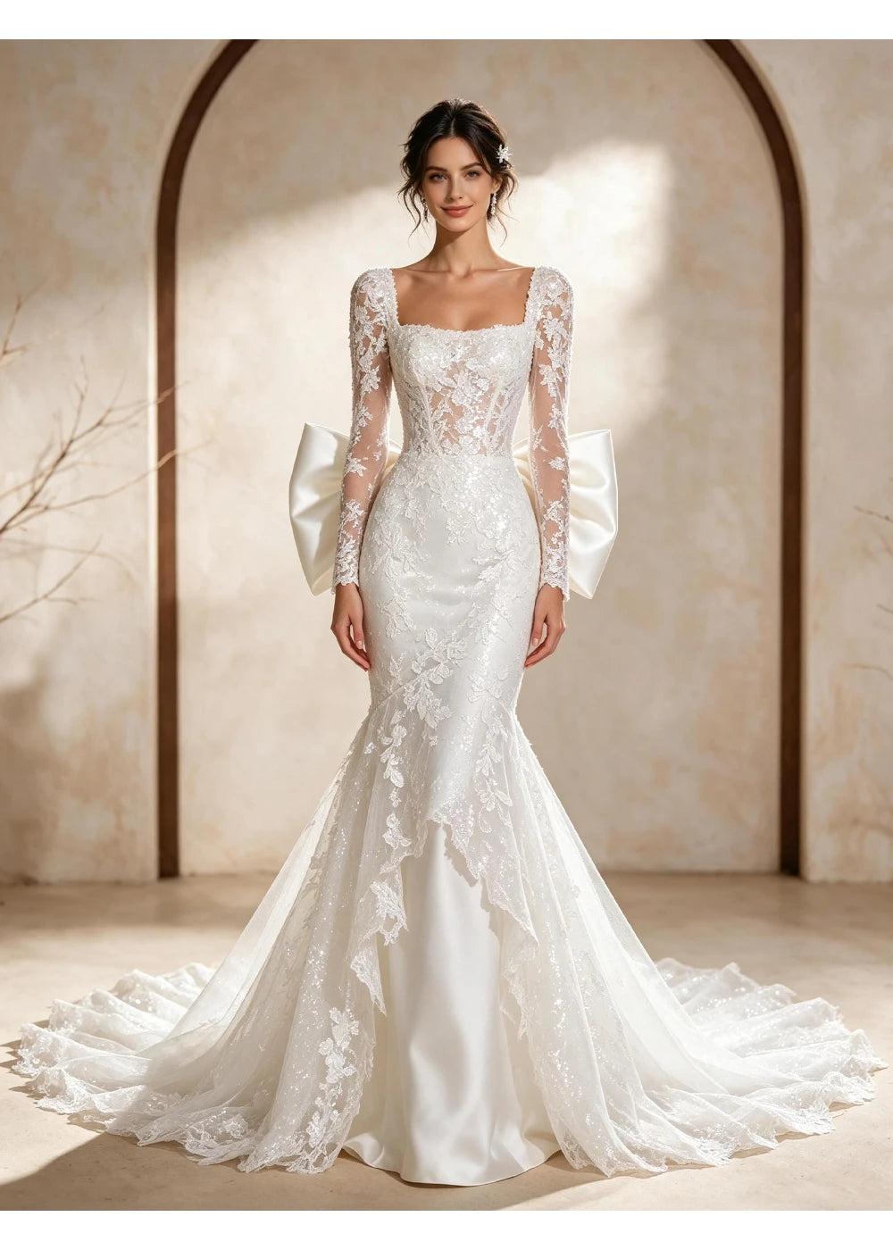 Front view of the square white neckline and long floral lace sleeves
