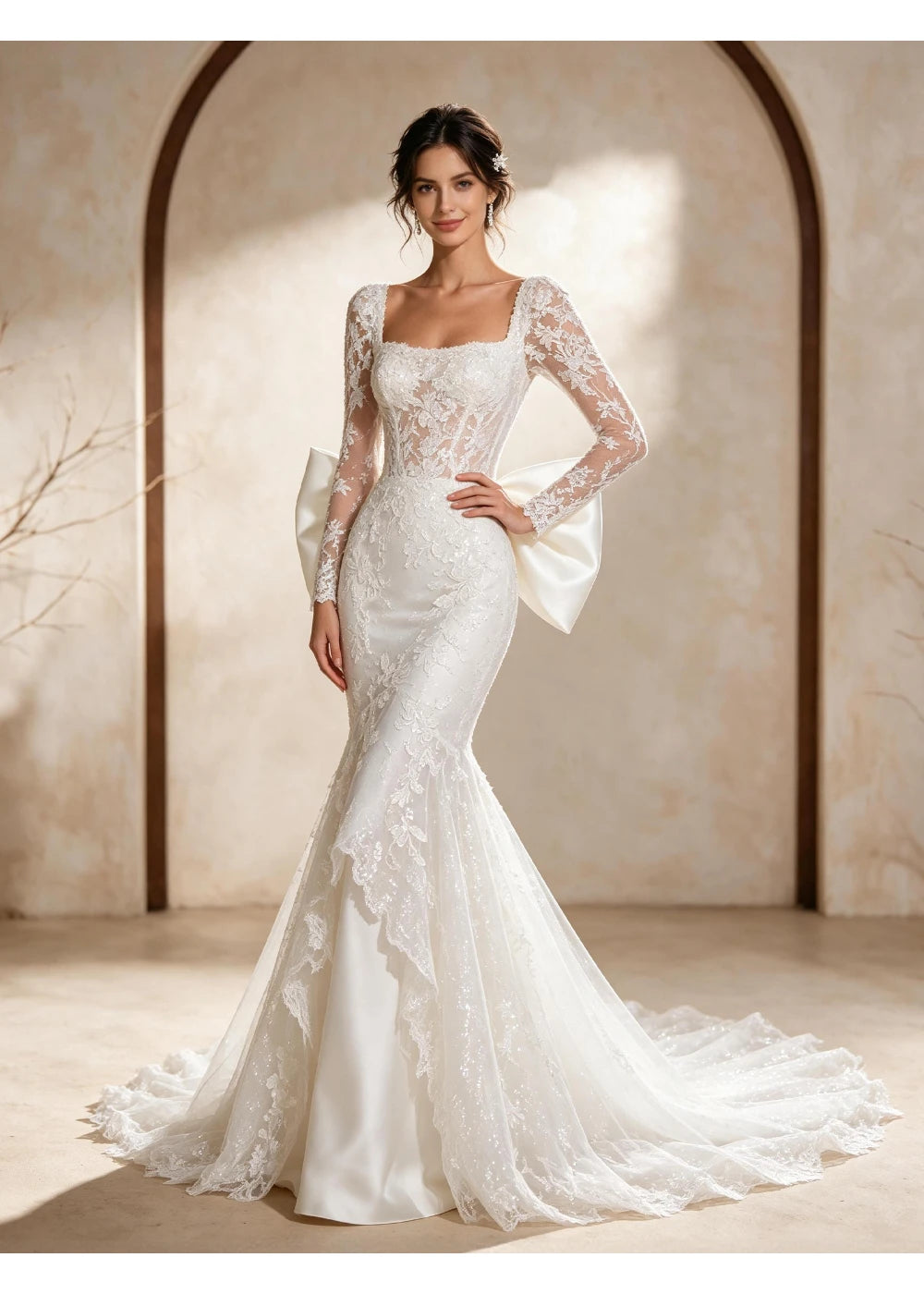 Three-quarter front view of the white lace gown with its large back bow and trailing hem