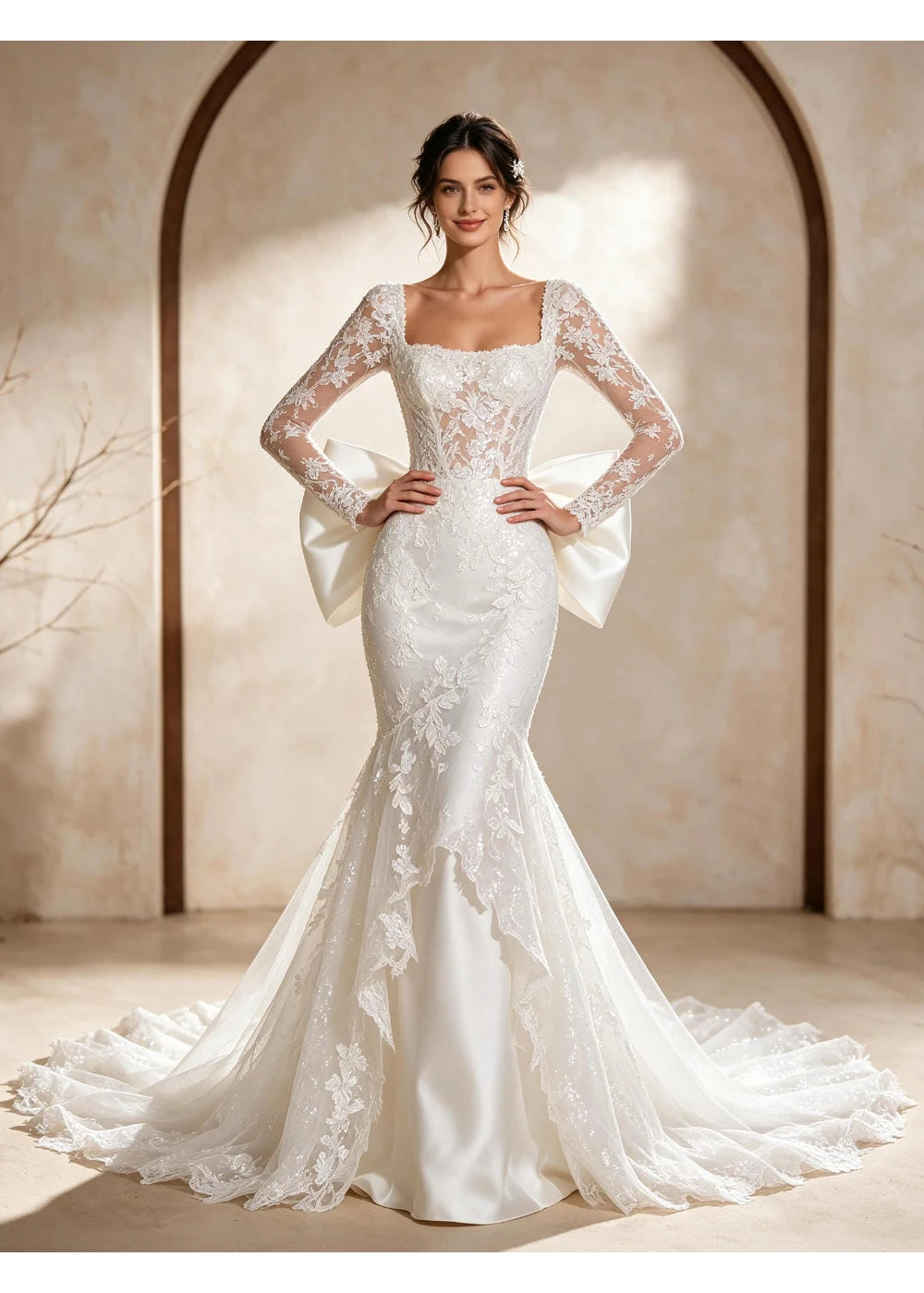 Full-length front view of the white lace bodice and fitted mermaid skirt