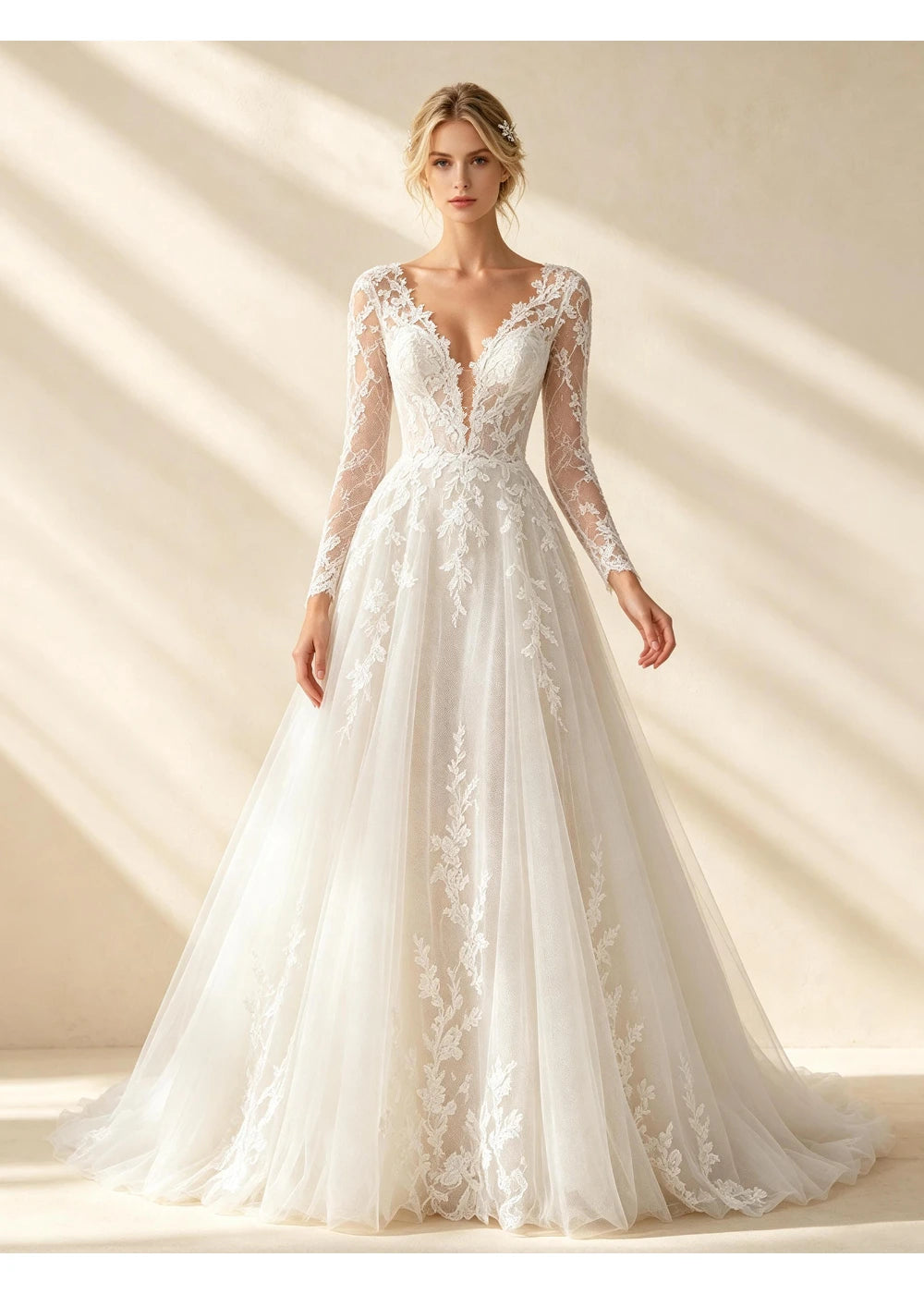 Front view of the white lace bridal gown with its broad A-line hem