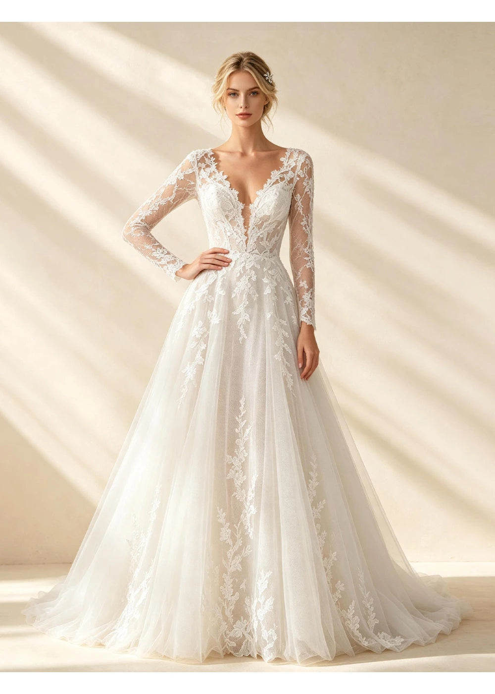 Front view of a white floral lace A-line gown with a deep V-neck and long sleeves